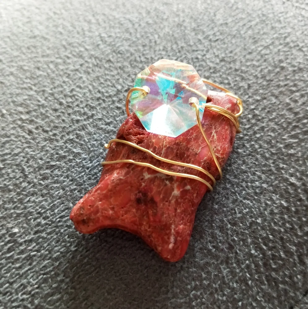 Pink turquoise gemstone wire wrapped iridescent crystal gemstone pendant